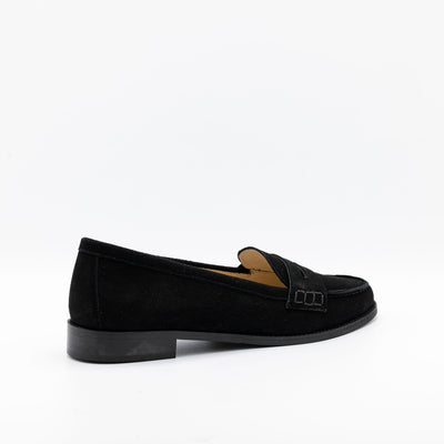 Black Suede Penny loafer. Half and half leather rubber sole. 