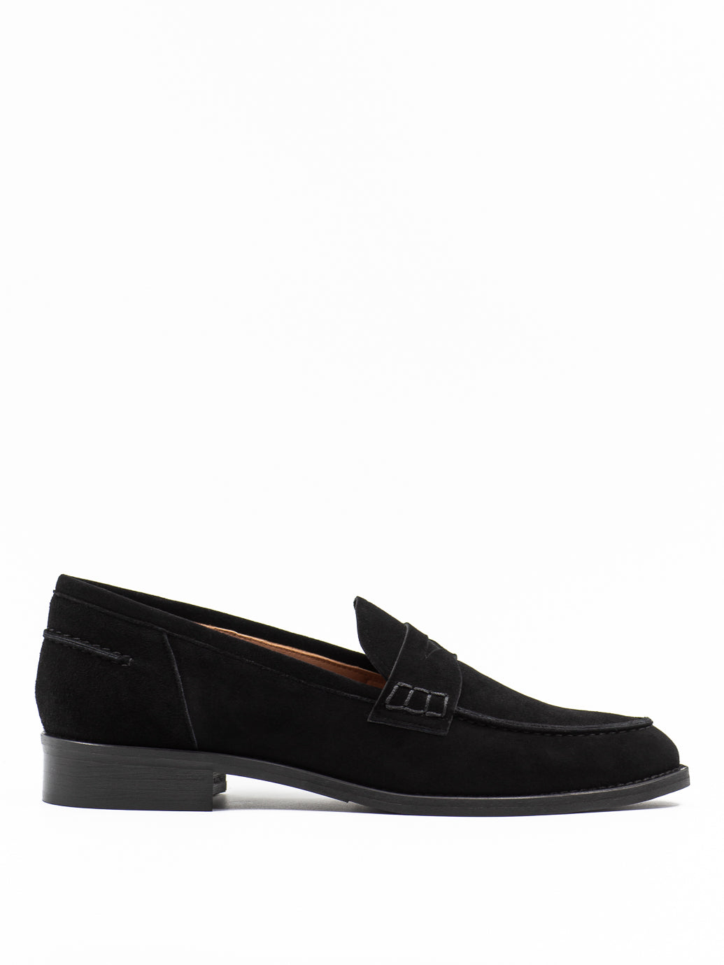 Women's classic Penny Loafers in black suede leather. 