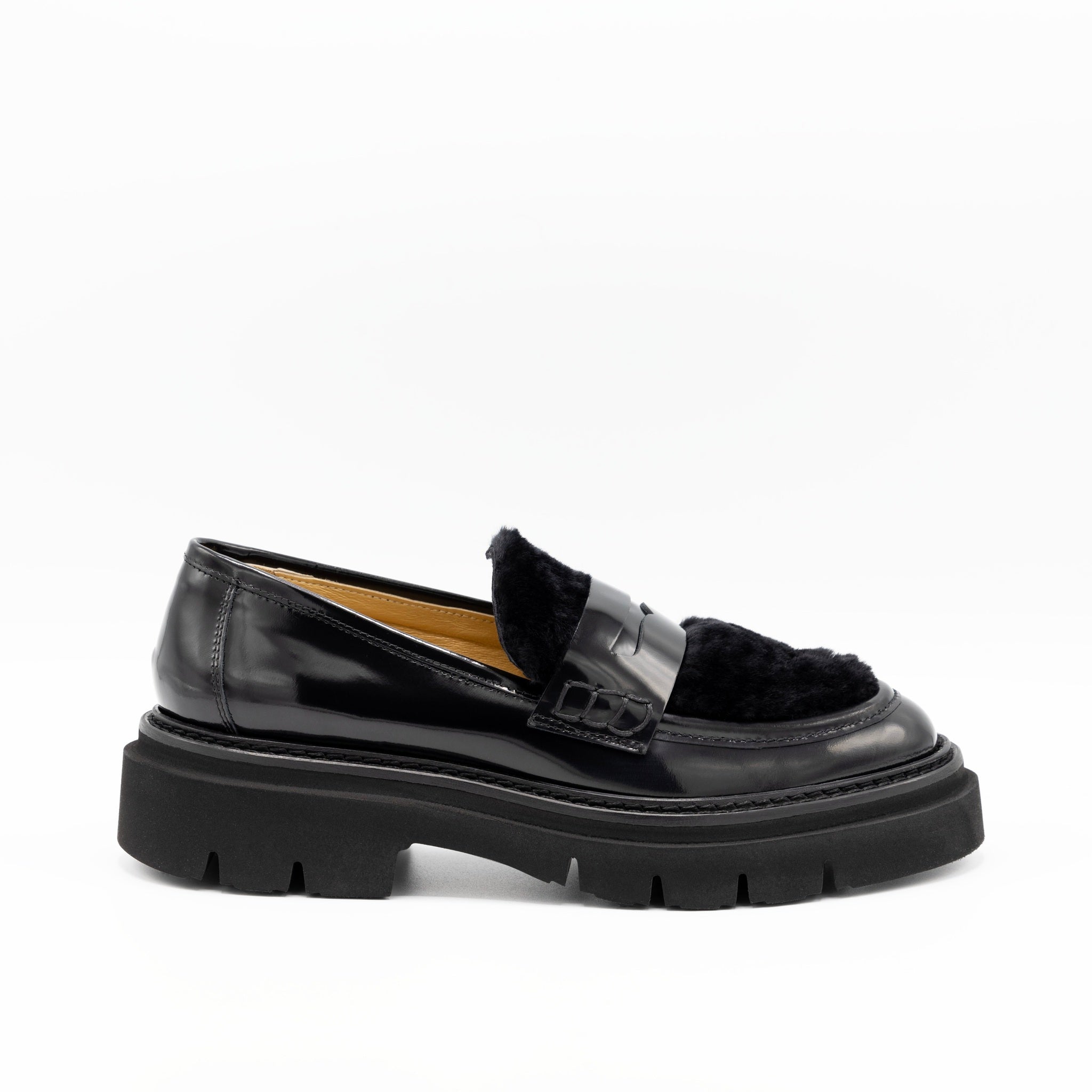 Black leather and Shearling Loafers – MarZio