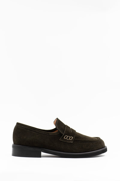 Green suede loafer with rubber sole