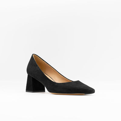  Block Heeled Pumps in Black Suede. Slightly slanted heel and square toe. 