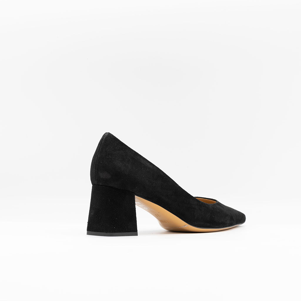  Block Heeled Pumps in Black Suede. Slightly slanted heel and square toe. 